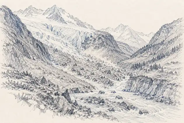 A high mountain valley filled with rock and debris after a slope failure.