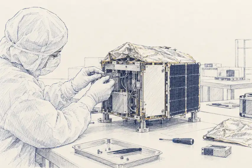 A technician in clean-room clothing works on a small satellite at a laboratory bench.