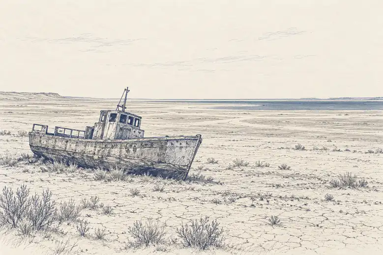 Illustration of receded shore.