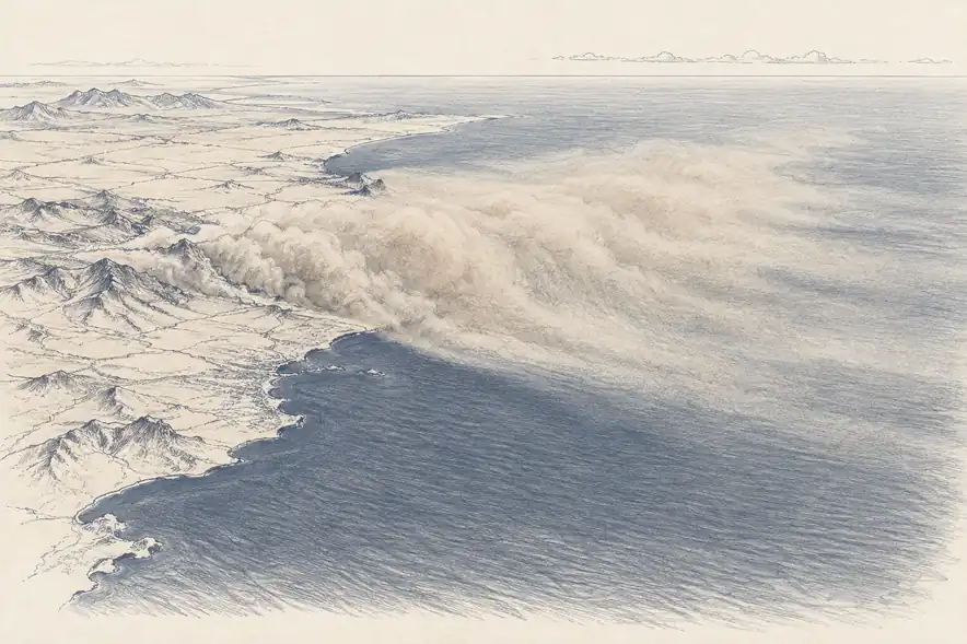 Illustration of dust crossing water.