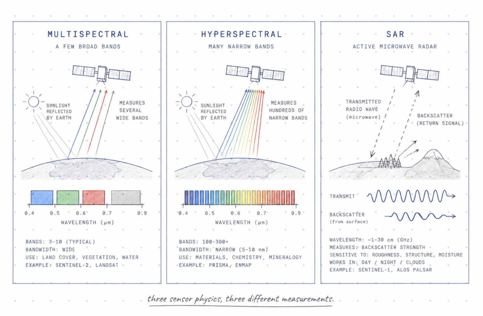 Hand-drawn comparison of multispectral, hyperspectral and synthetic aperture radar measurements.